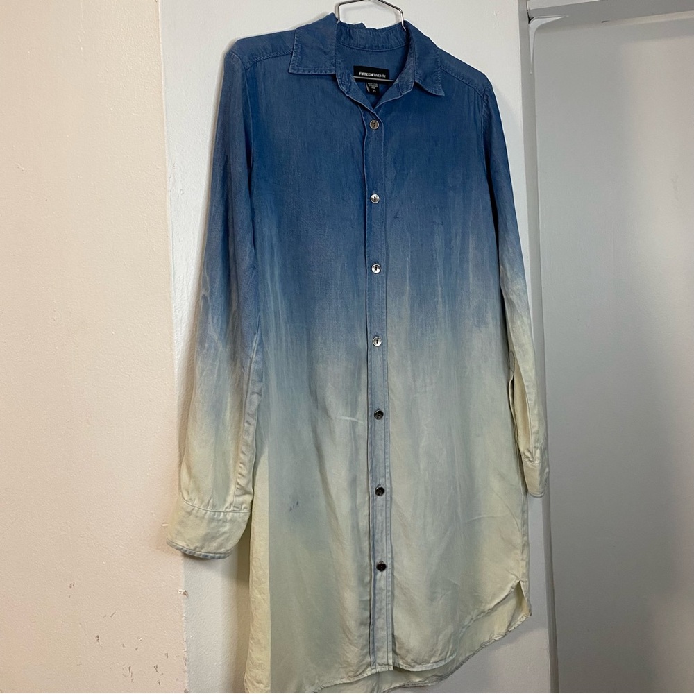 Fifteen Twenty Ombré Demin Shirt Dress Size XS Button Up Coverup Casual Boho Art